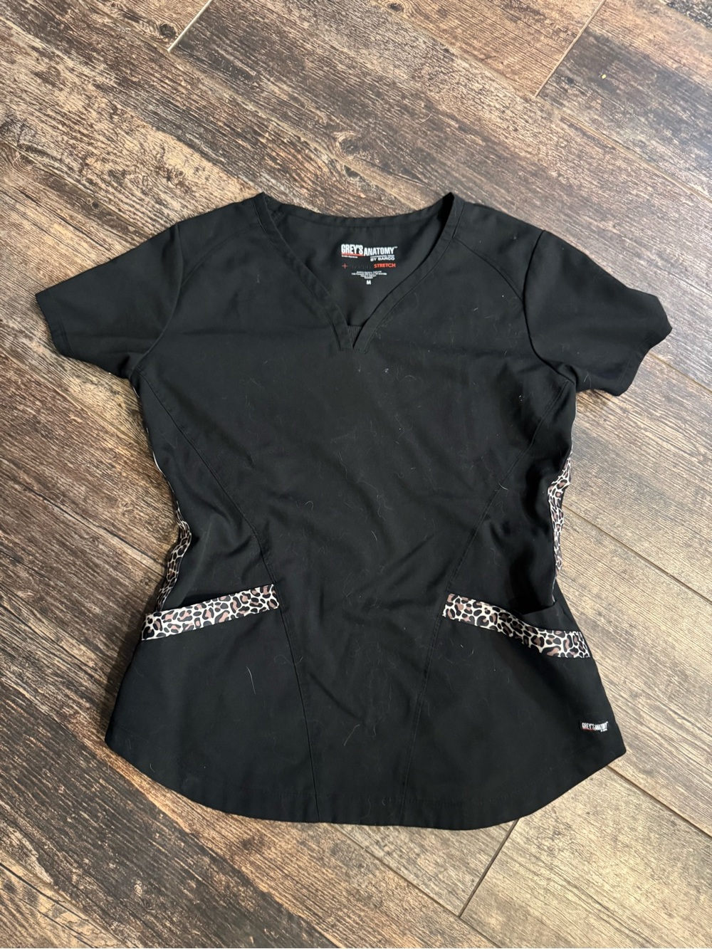 Grey's Anatomy Black V-Neck Scrub set with Leopard Trim, medium